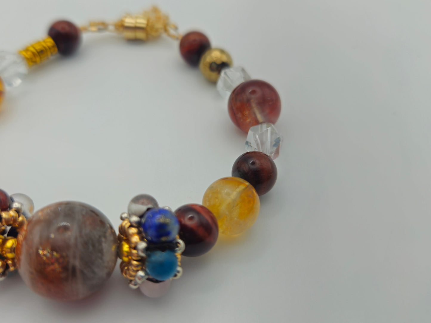 Aries Power Chakra Healing Gemstone Genuine Crystal Healing Women's Bracelet with Gold Accents| Sunstone| Red, Yellow, Orange| 7.25-8" wrist