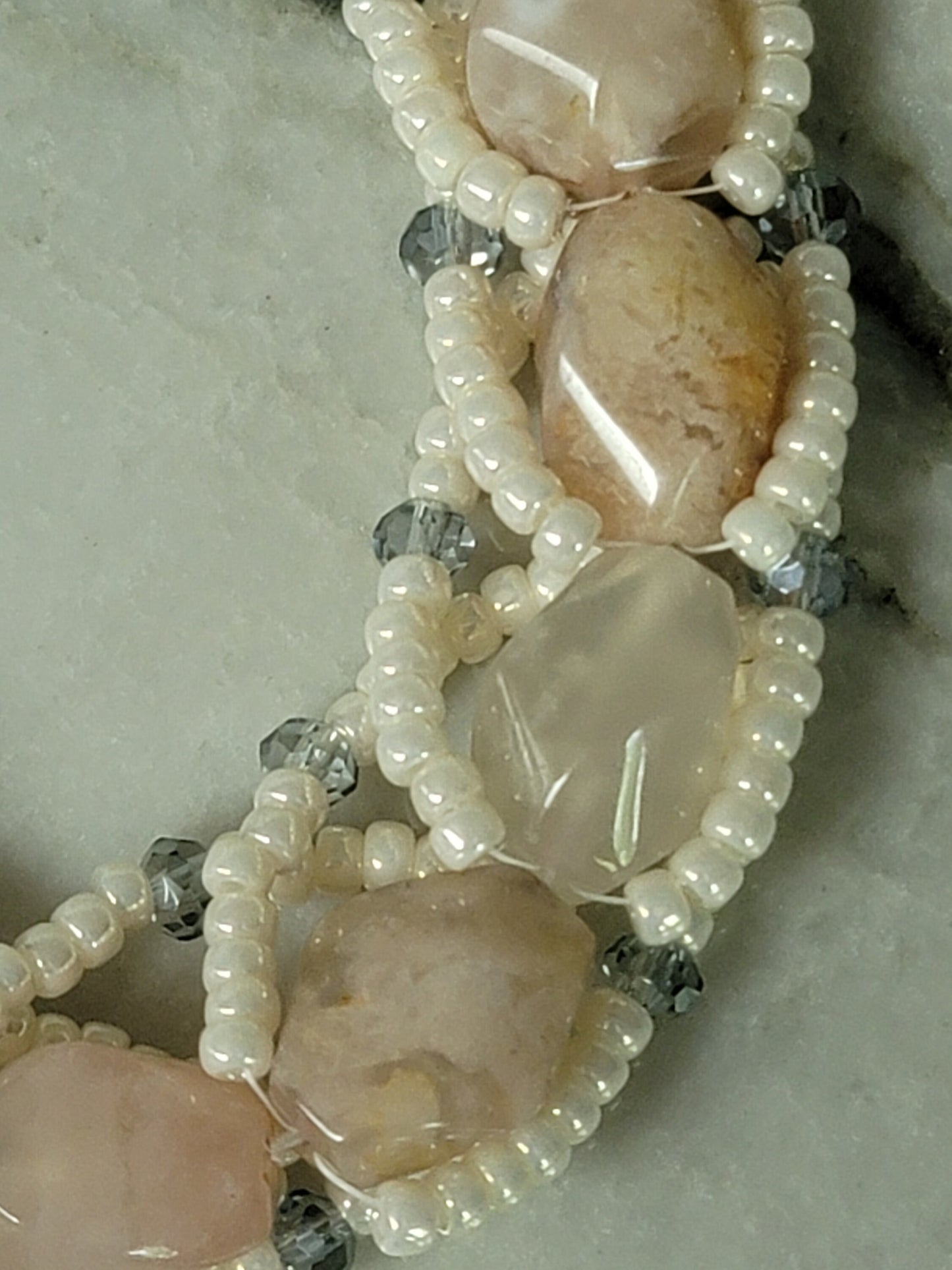 Flower Agate woven bracelet, Pearlescent Seed Beads and Swarovski Crystal Bracelet| Adjustable Elegance for 7-9 inch wrist| Dressy Wedding