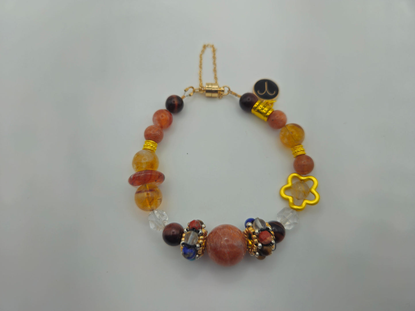 Aries Power Chakra Healing Gemstone Genuine Crystal Healing Women's Bracelet with Gold Accents| Sunstone| Red, Yellow, Orange| 7.25-8" wrist