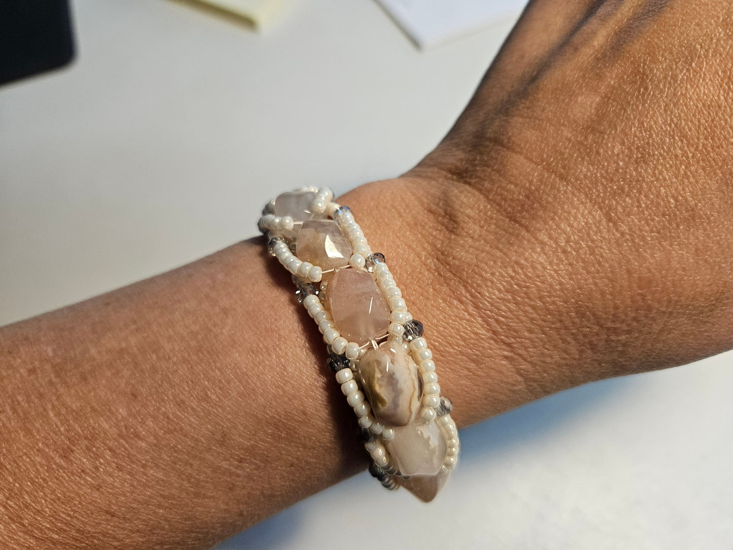 Flower Agate woven bracelet, Pearlescent Seed Beads and Swarovski Crystal Bracelet| Adjustable Elegance for 7-9 inch wrist| Dressy Wedding