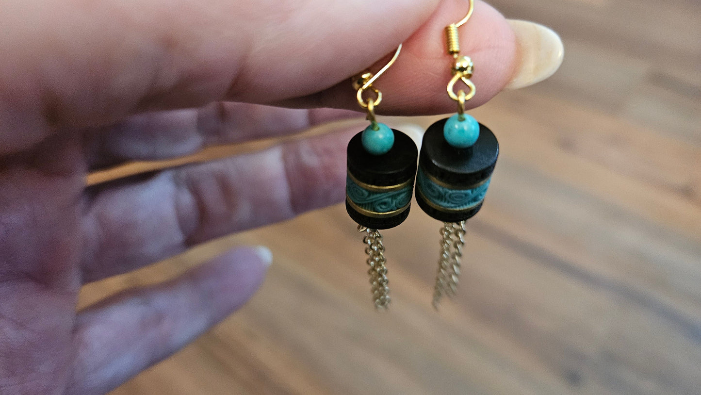 Turquoise necklace and earing set, 24 inch, gold tone chain with tassle and black barrel charms. One of a kind, handmade.