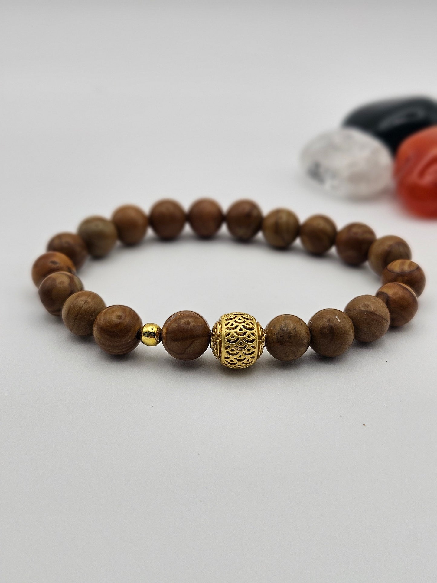 Wood Grain Jasper Stretch Bracelet with gold accents| Men's Bracelet| Brown| Natural Crystal|8mm beads|Tiger skin Jasper| 6.5 inches