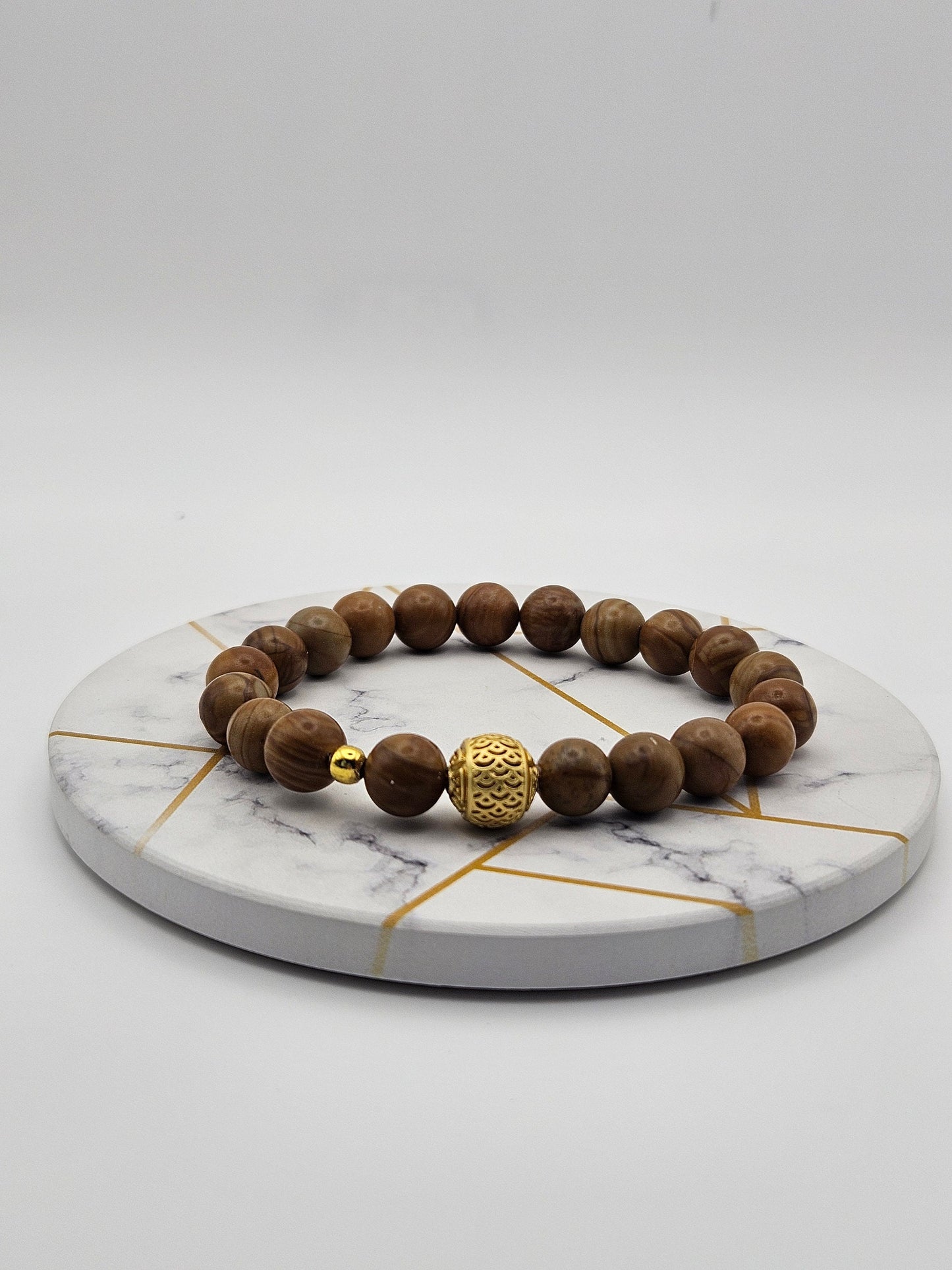 Wood Grain Jasper Stretch Bracelet with gold accents| Men's Bracelet| Brown| Natural Crystal|8mm beads|Tiger skin Jasper| 6.5 inches