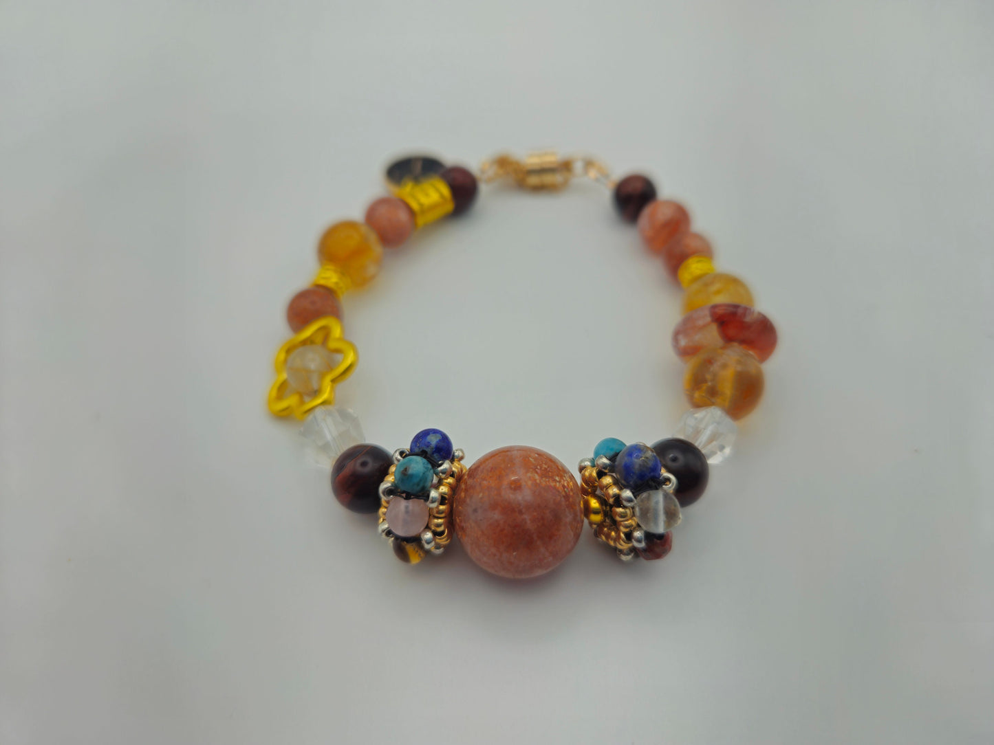 Aries Power Chakra Healing Gemstone Genuine Crystal Healing Women's Bracelet with Gold Accents| Sunstone| Red, Yellow, Orange| 7.25-8" wrist