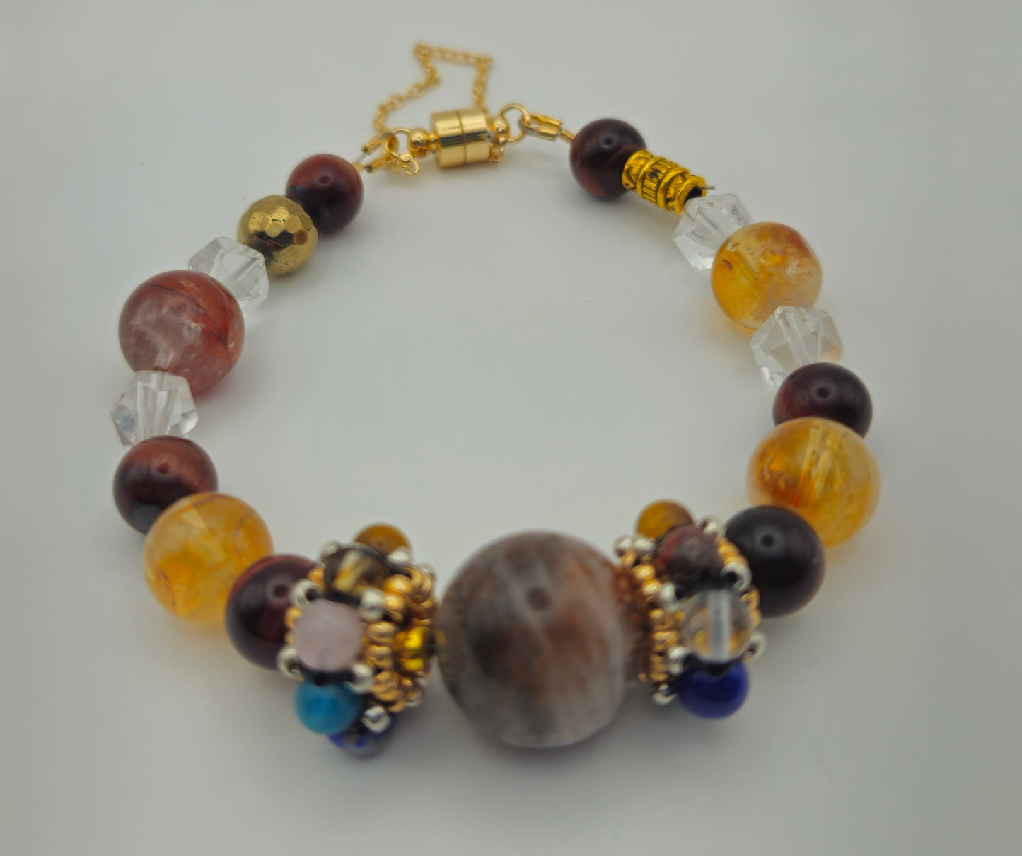 Aries Power Chakra Healing Gemstone Genuine Crystal Healing Women's Bracelet with Gold Accents| Sunstone| Red, Yellow, Orange| 7.25-8" wrist