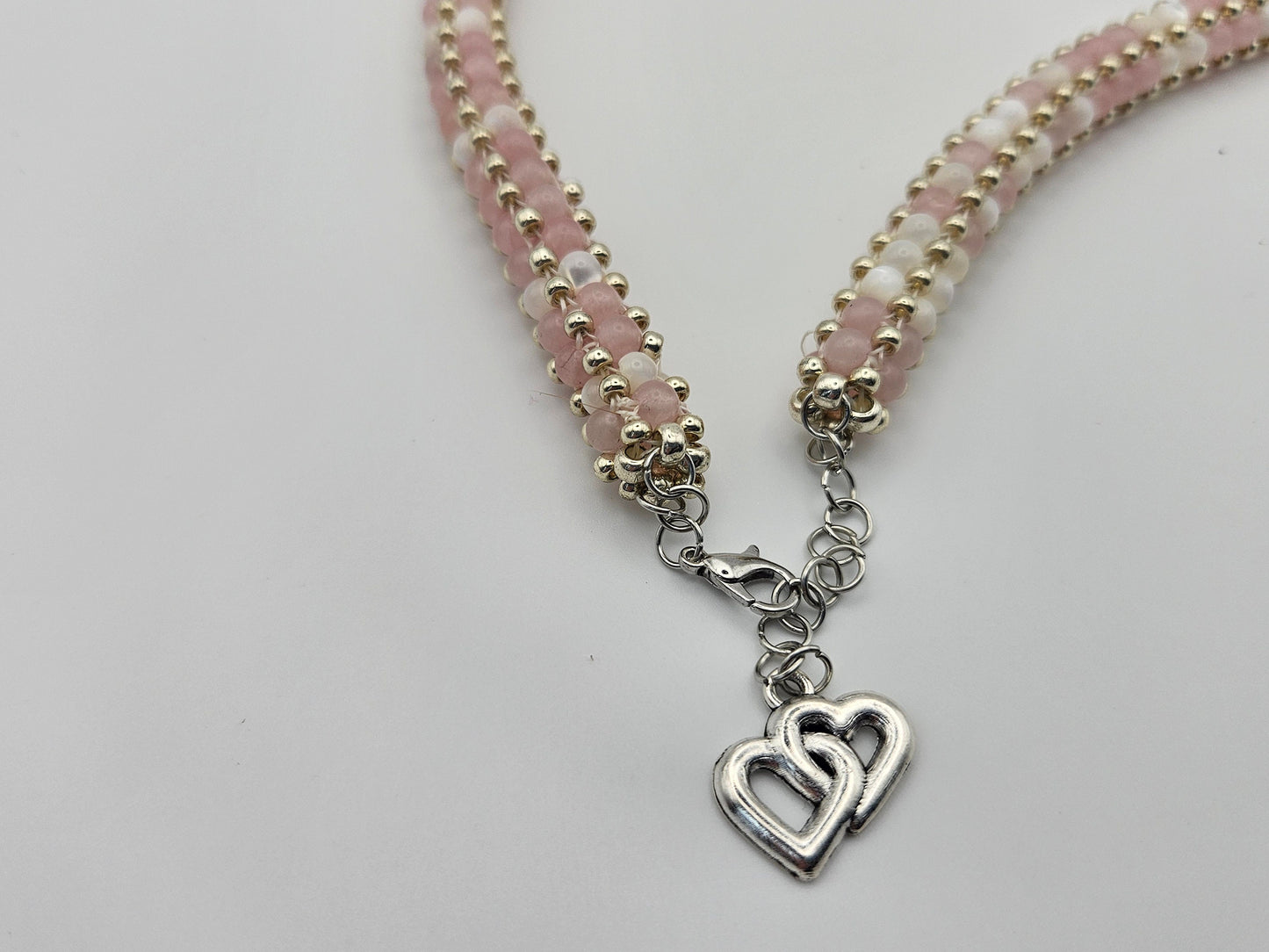 3 piece rose quartz pink and white jewelry set includes necklace, bangle bracelet and earings| pink and white|