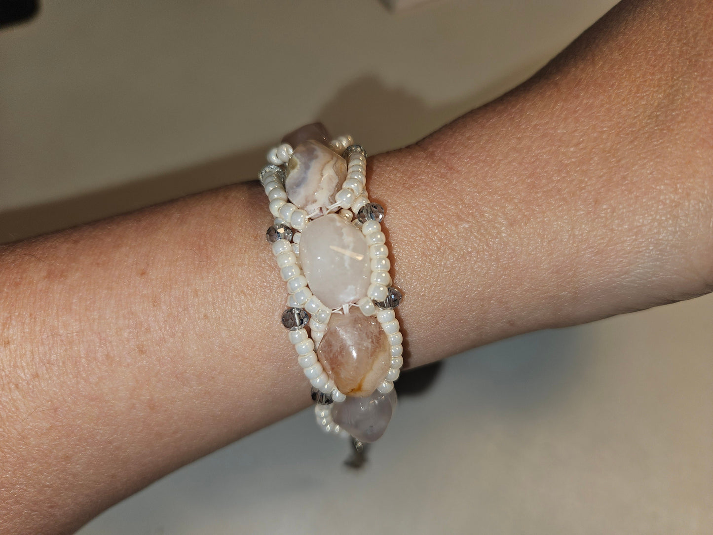 Flower Agate woven bracelet, Pearlescent Seed Beads and Swarovski Crystal Bracelet| Adjustable Elegance for 7-9 inch wrist| Dressy Wedding