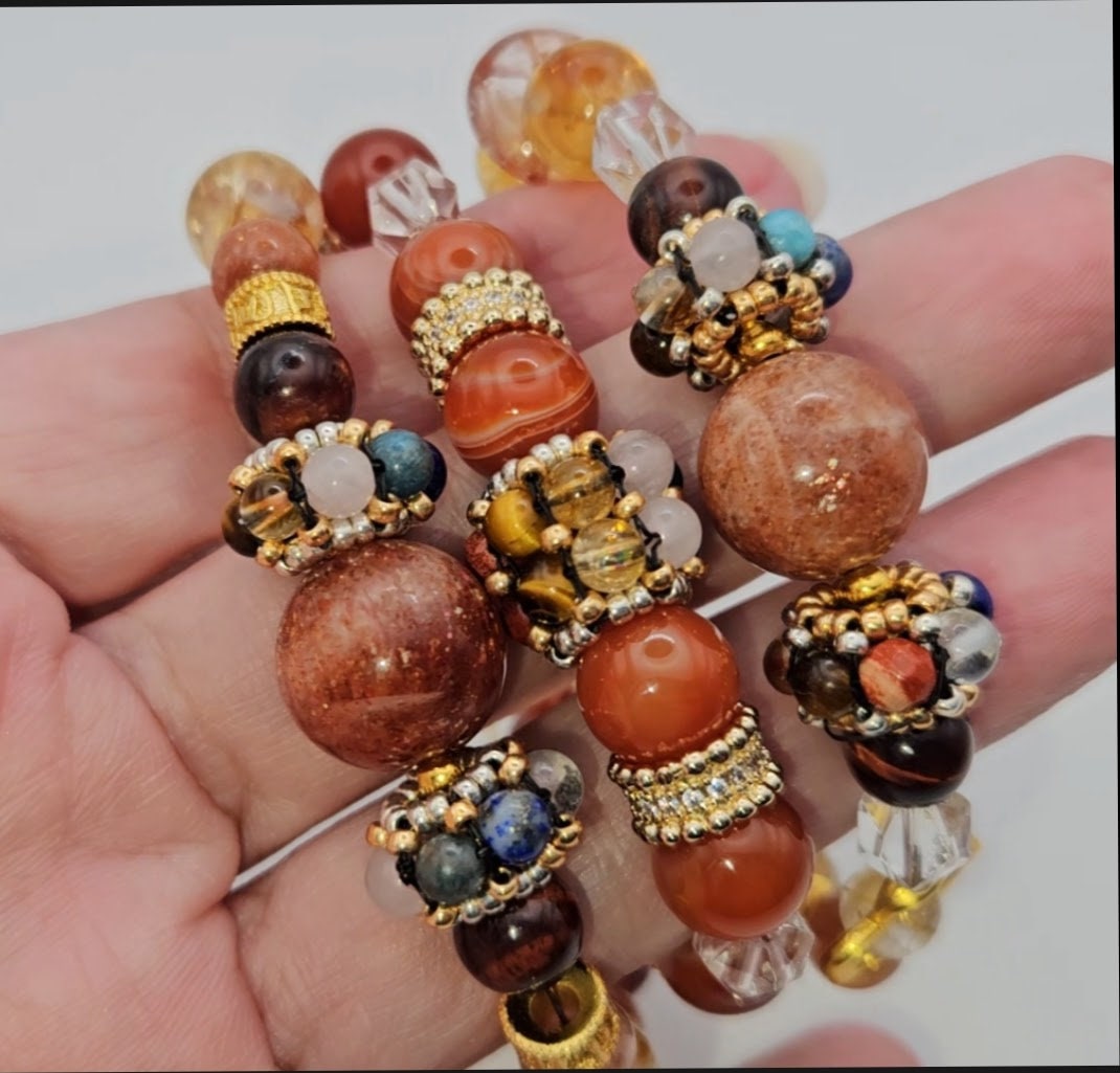 Aries Power Chakra Healing Gemstone Genuine Crystal Healing Women's Bracelet with Gold Accents| Sunstone| Red, Yellow, Orange| 7.25-8" wrist