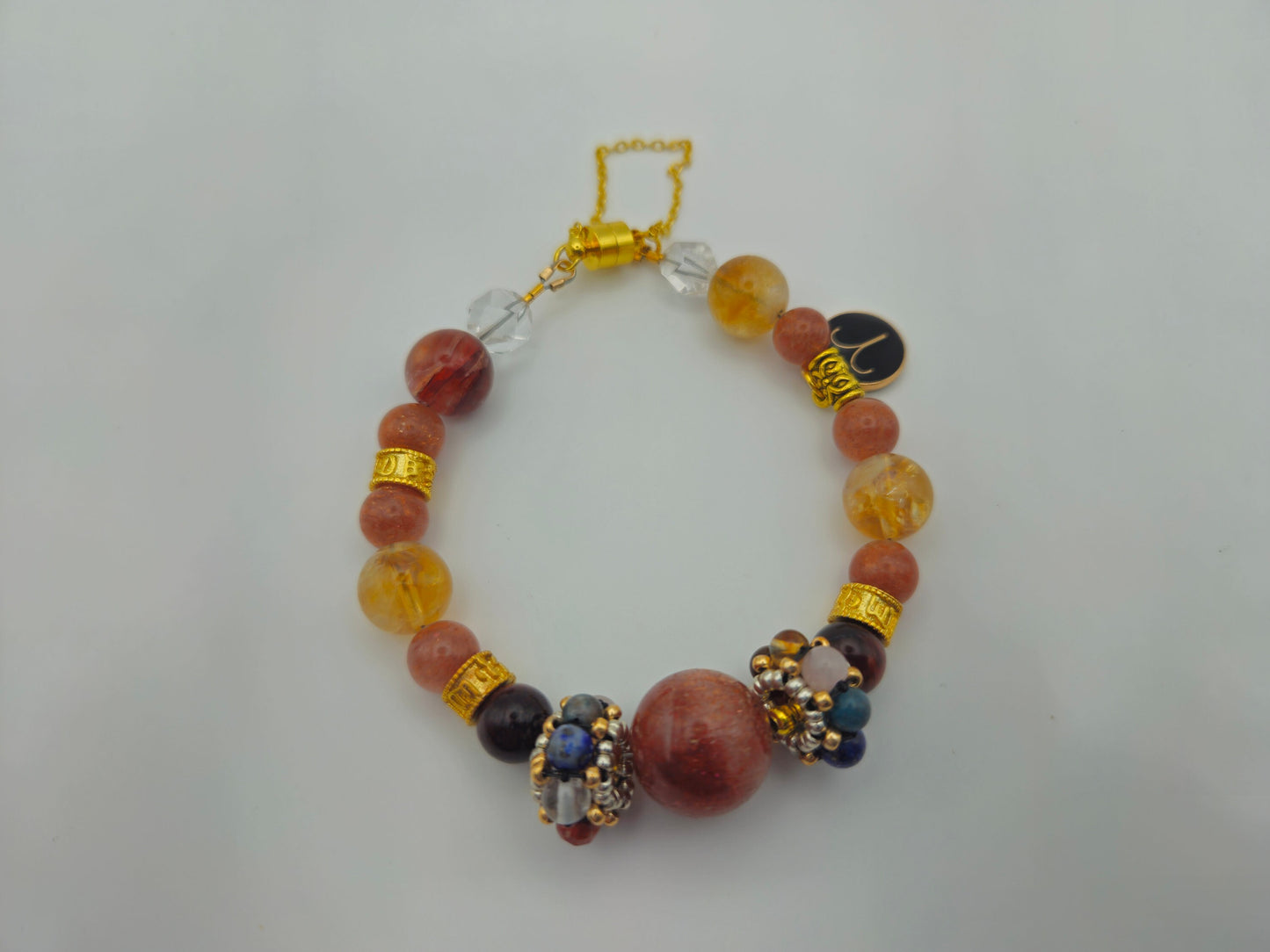 Aries Power Chakra Healing Gemstone Genuine Crystal Healing Women's Bracelet with Gold Accents| Sunstone| Red, Yellow, Orange| 7.25-8" wrist