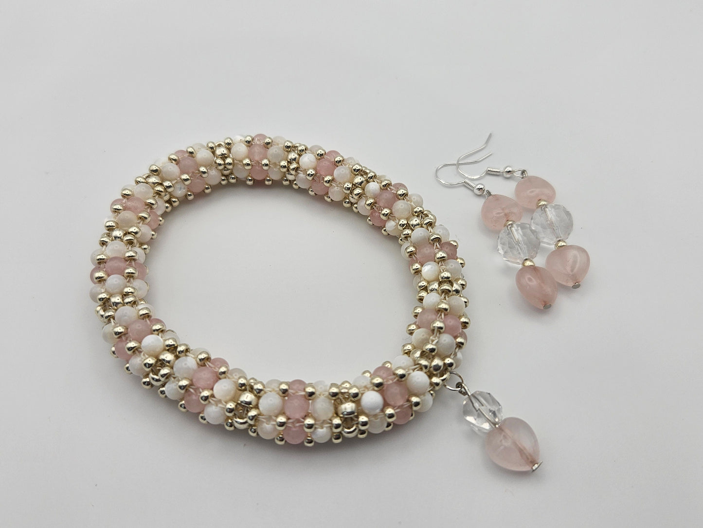 3 piece rose quartz pink and white jewelry set includes necklace, bangle bracelet and earings| pink and white|