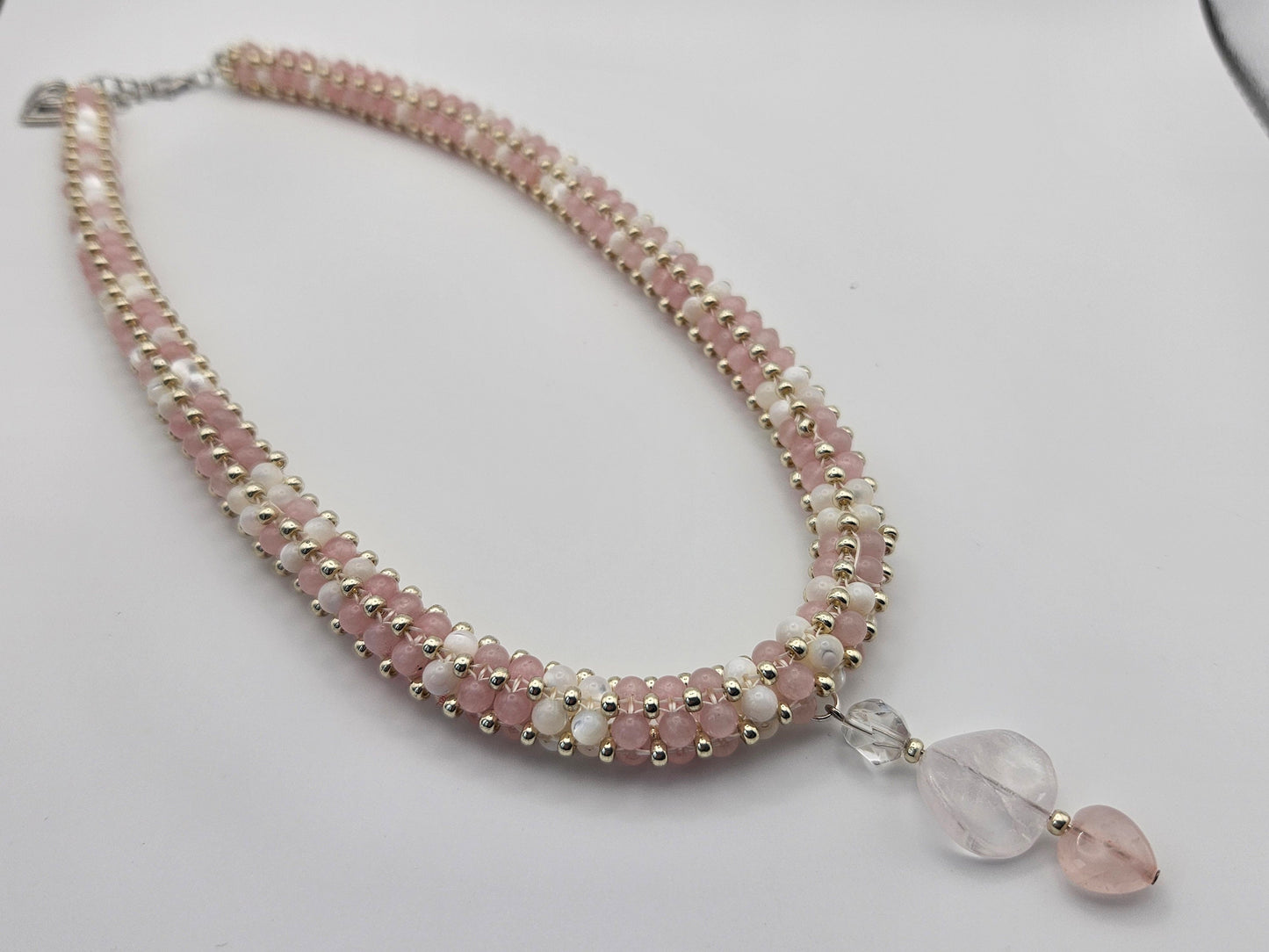 3 piece rose quartz pink and white jewelry set includes necklace, bangle bracelet and earings| pink and white|