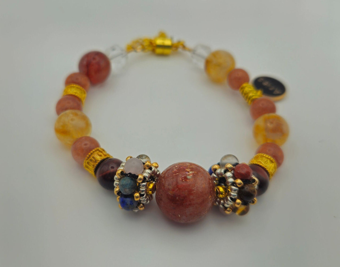 Aries Power Chakra Healing Gemstone Genuine Crystal Healing Women's Bracelet with Gold Accents| Sunstone| Red, Yellow, Orange| 7.25-8" wrist