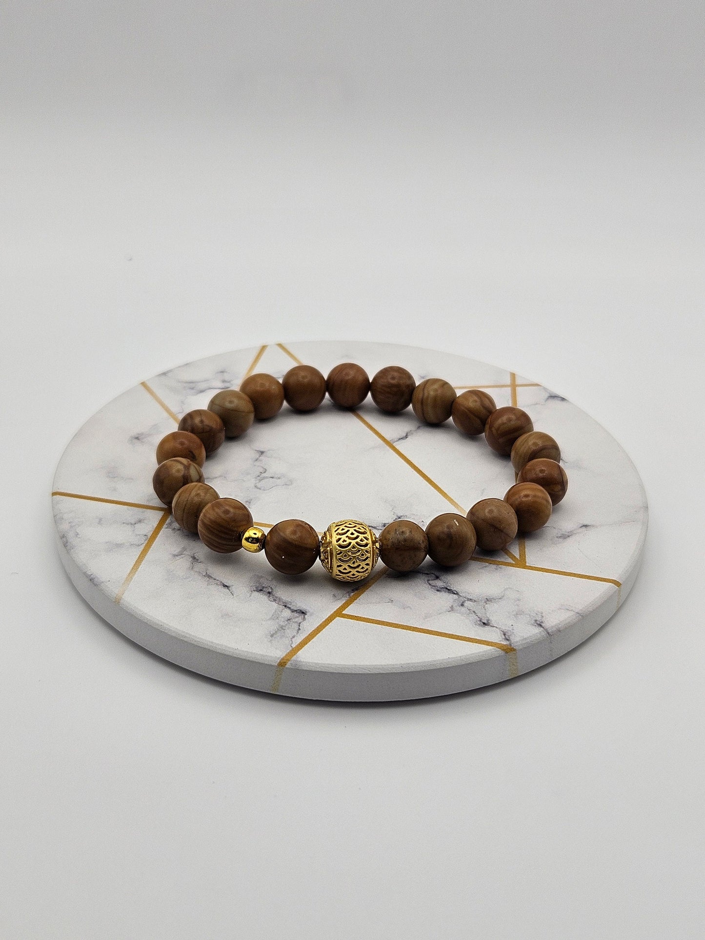 Wood Grain Jasper Stretch Bracelet with gold accents| Men's Bracelet| Brown| Natural Crystal|8mm beads|Tiger skin Jasper| 6.5 inches