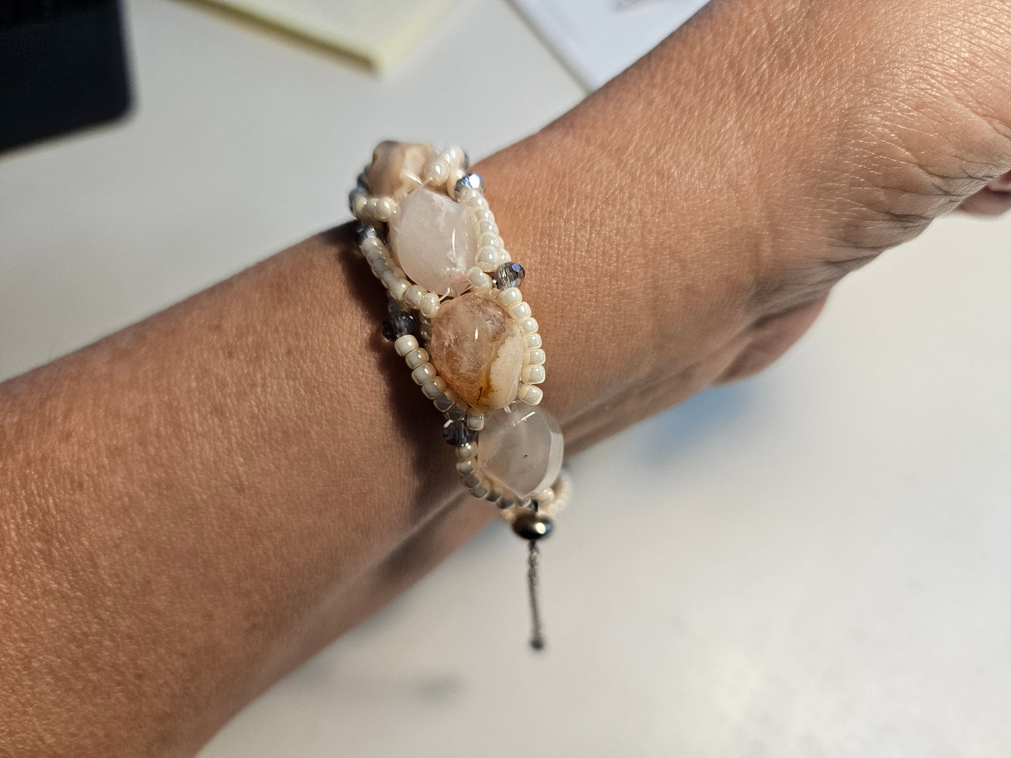 Flower Agate woven bracelet, Pearlescent Seed Beads and Swarovski Crystal Bracelet| Adjustable Elegance for 7-9 inch wrist| Dressy Wedding
