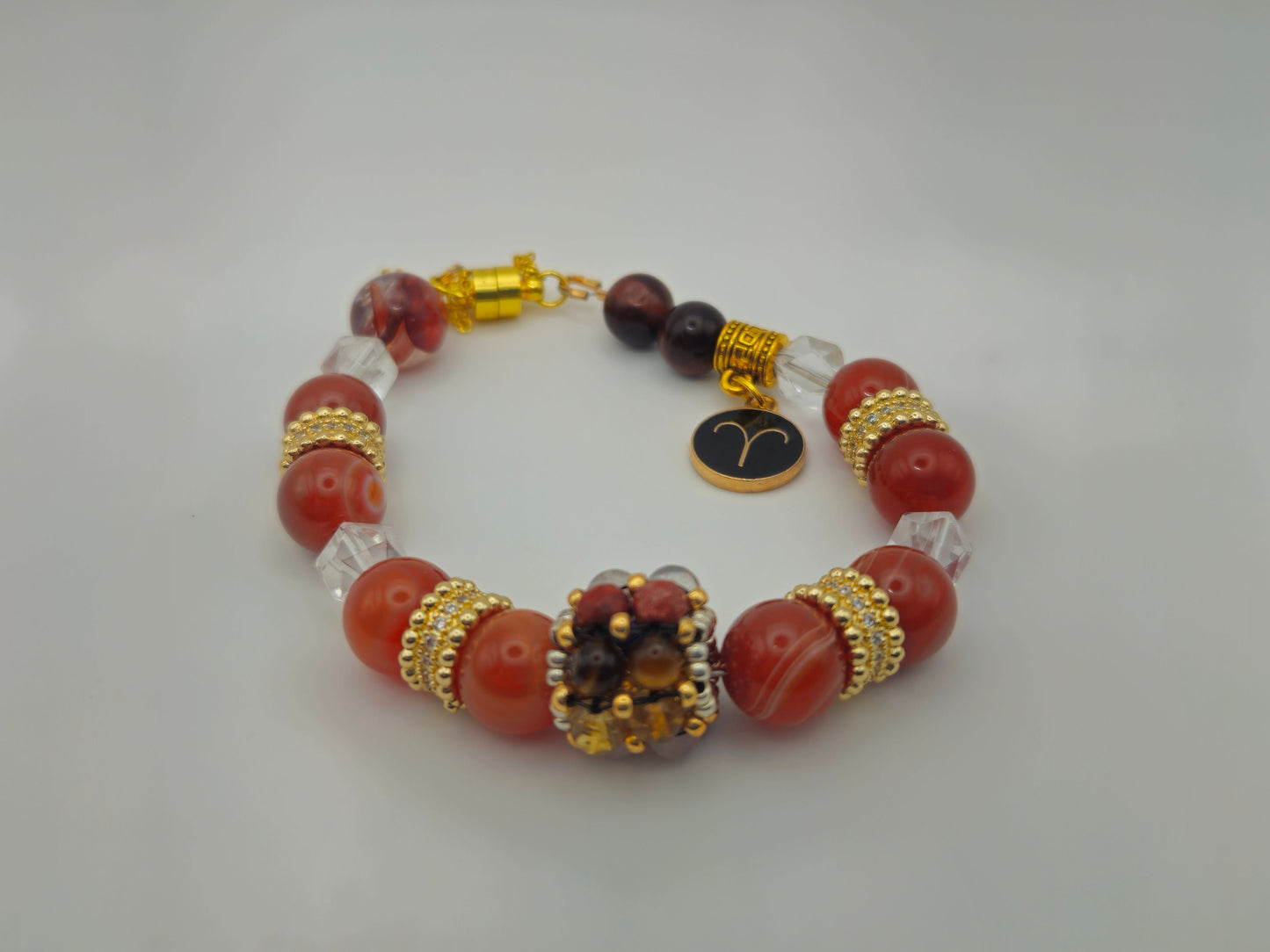 Aries Power Chakra Healing Gemstone Genuine Crystal Healing Women's Bracelet with Gold Accents| Sunstone| Red, Yellow, Orange| 7.25-8" wrist