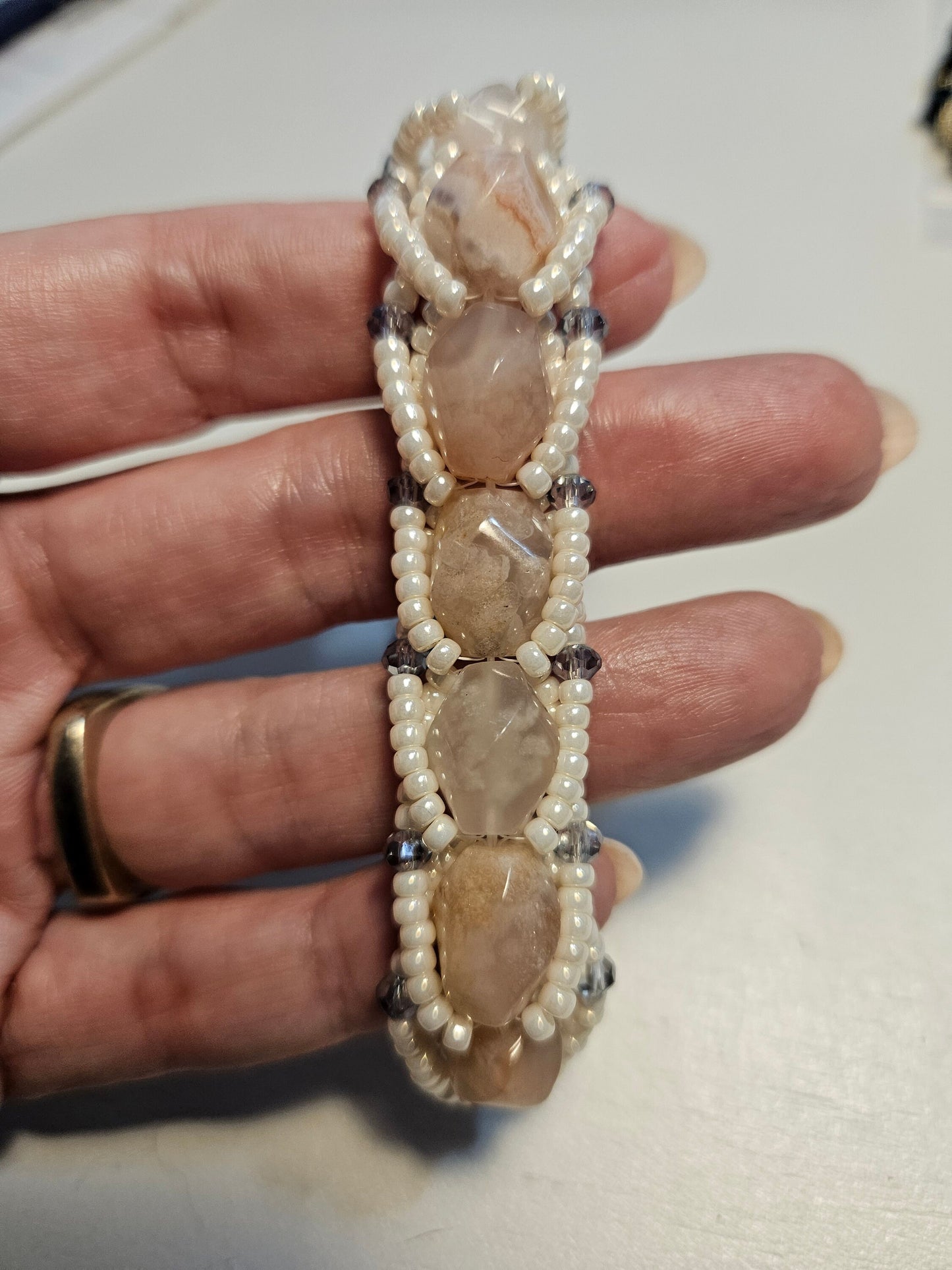 Flower Agate woven bracelet, Pearlescent Seed Beads and Swarovski Crystal Bracelet| Adjustable Elegance for 7-9 inch wrist| Dressy Wedding