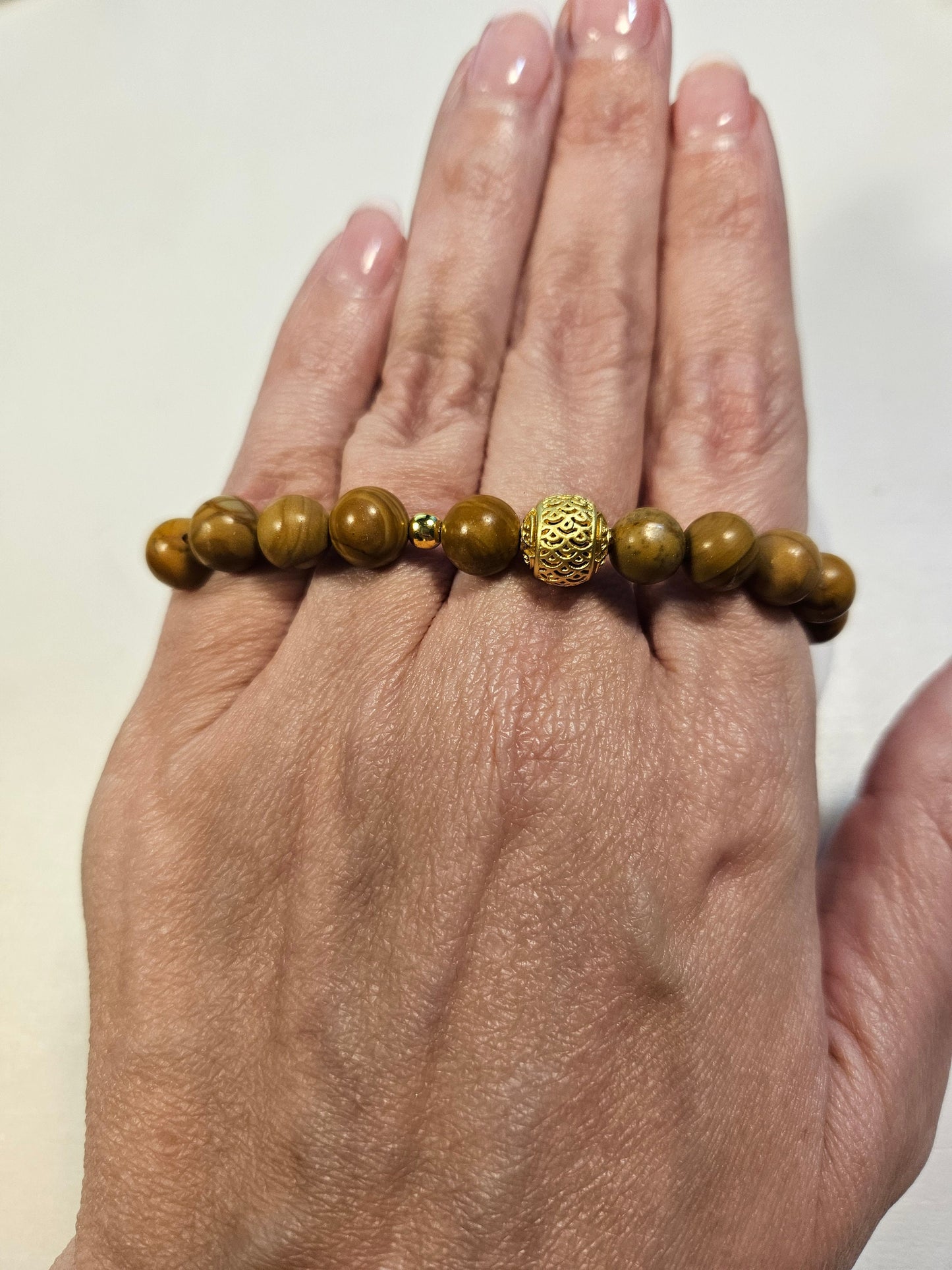 Wood Grain Jasper Stretch Bracelet with gold accents| Men's Bracelet| Brown| Natural Crystal|8mm beads|Tiger skin Jasper| 6.5 inches
