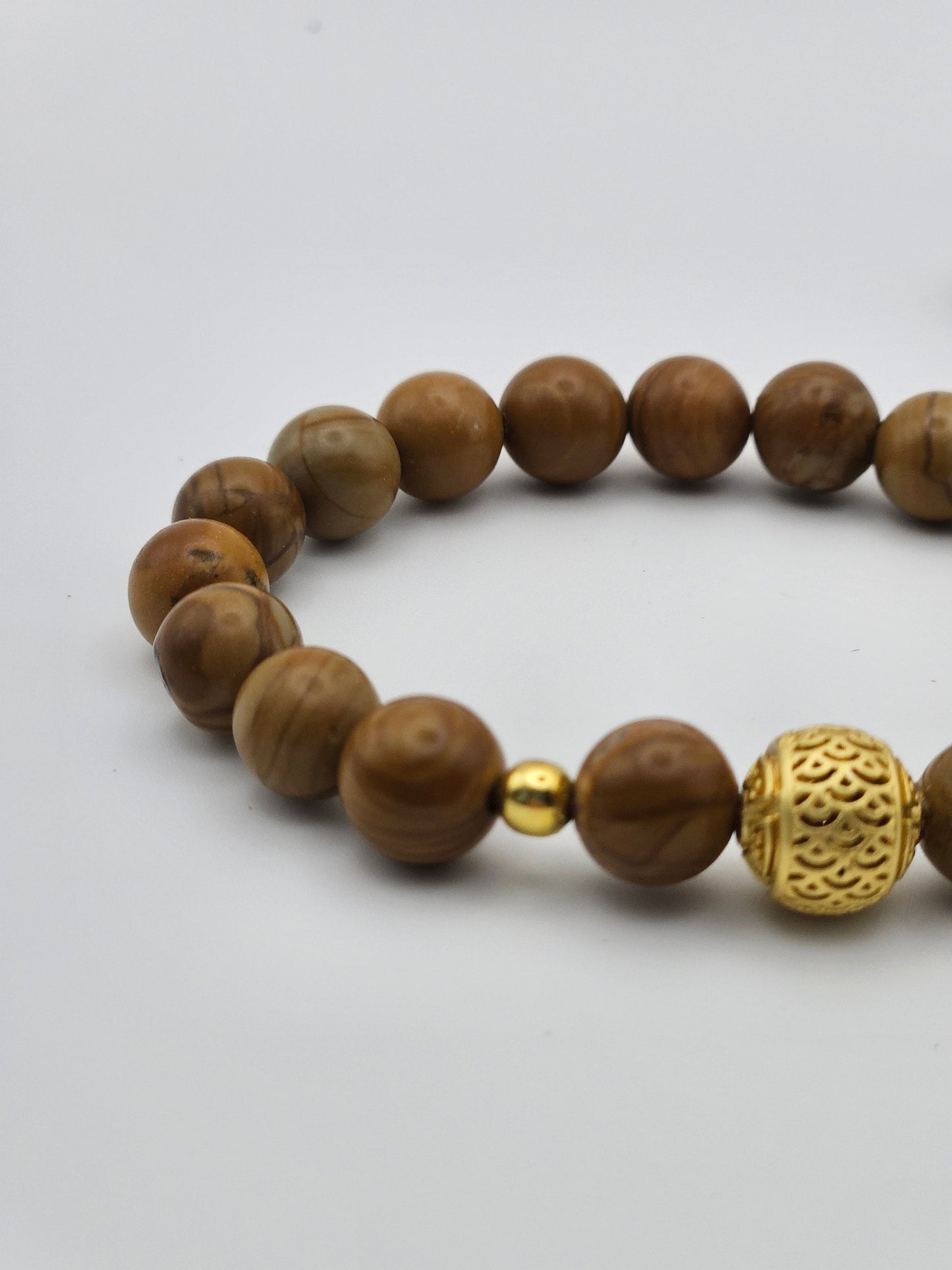 Wood Grain Jasper Stretch Bracelet with gold accents| Men's Bracelet| Brown| Natural Crystal|8mm beads|Tiger skin Jasper| 6.5 inches