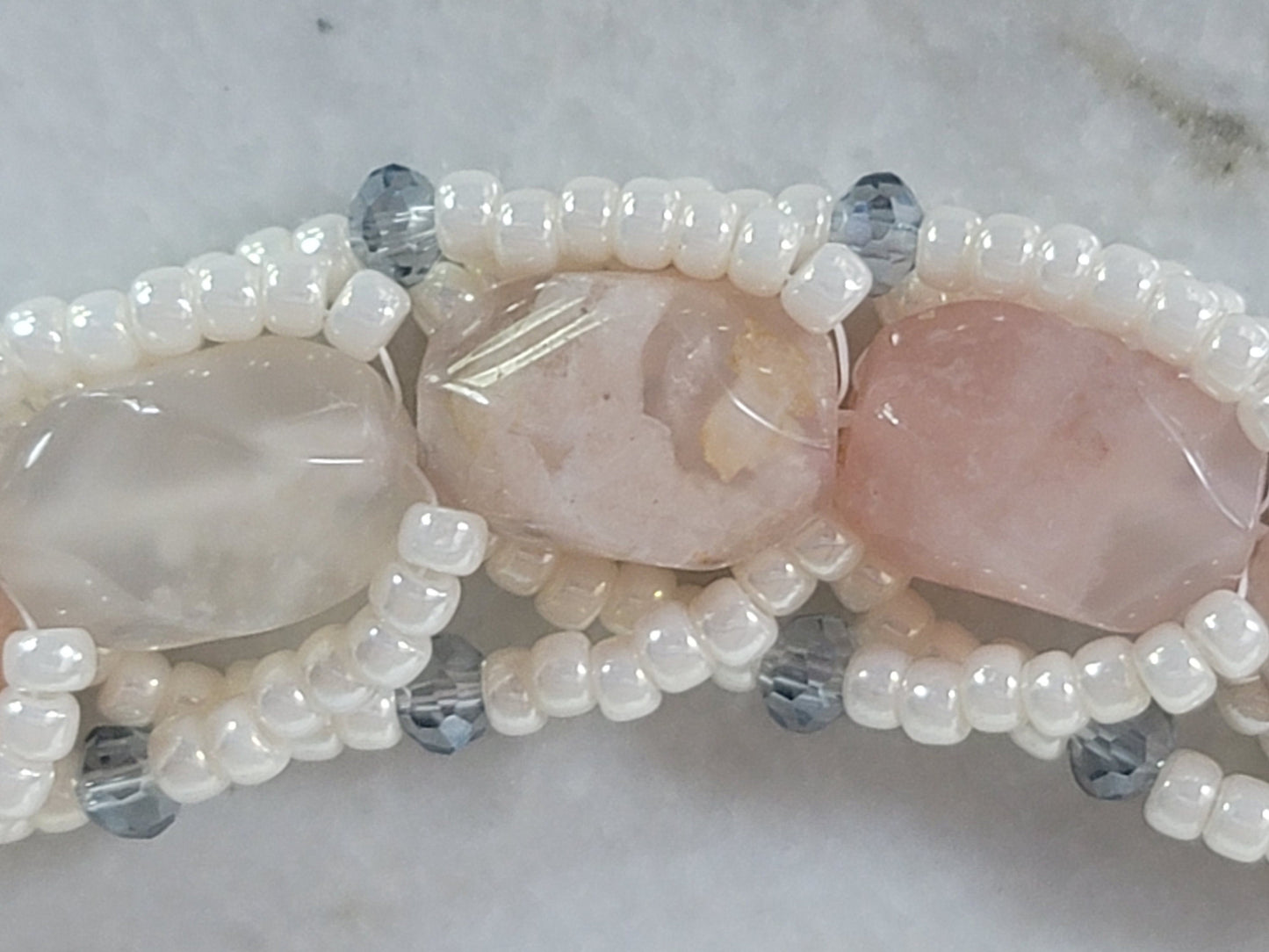Flower Agate woven bracelet, Pearlescent Seed Beads and Swarovski Crystal Bracelet| Adjustable Elegance for 7-9 inch wrist| Dressy Wedding