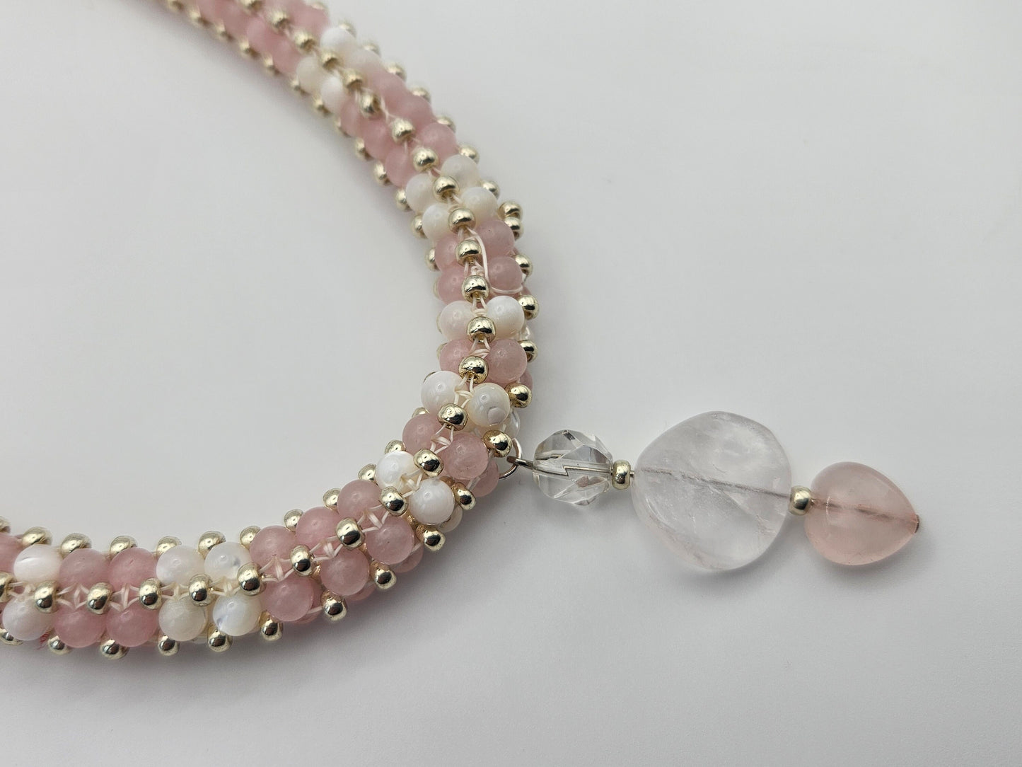 3 piece rose quartz pink and white jewelry set includes necklace, bangle bracelet and earings| pink and white|