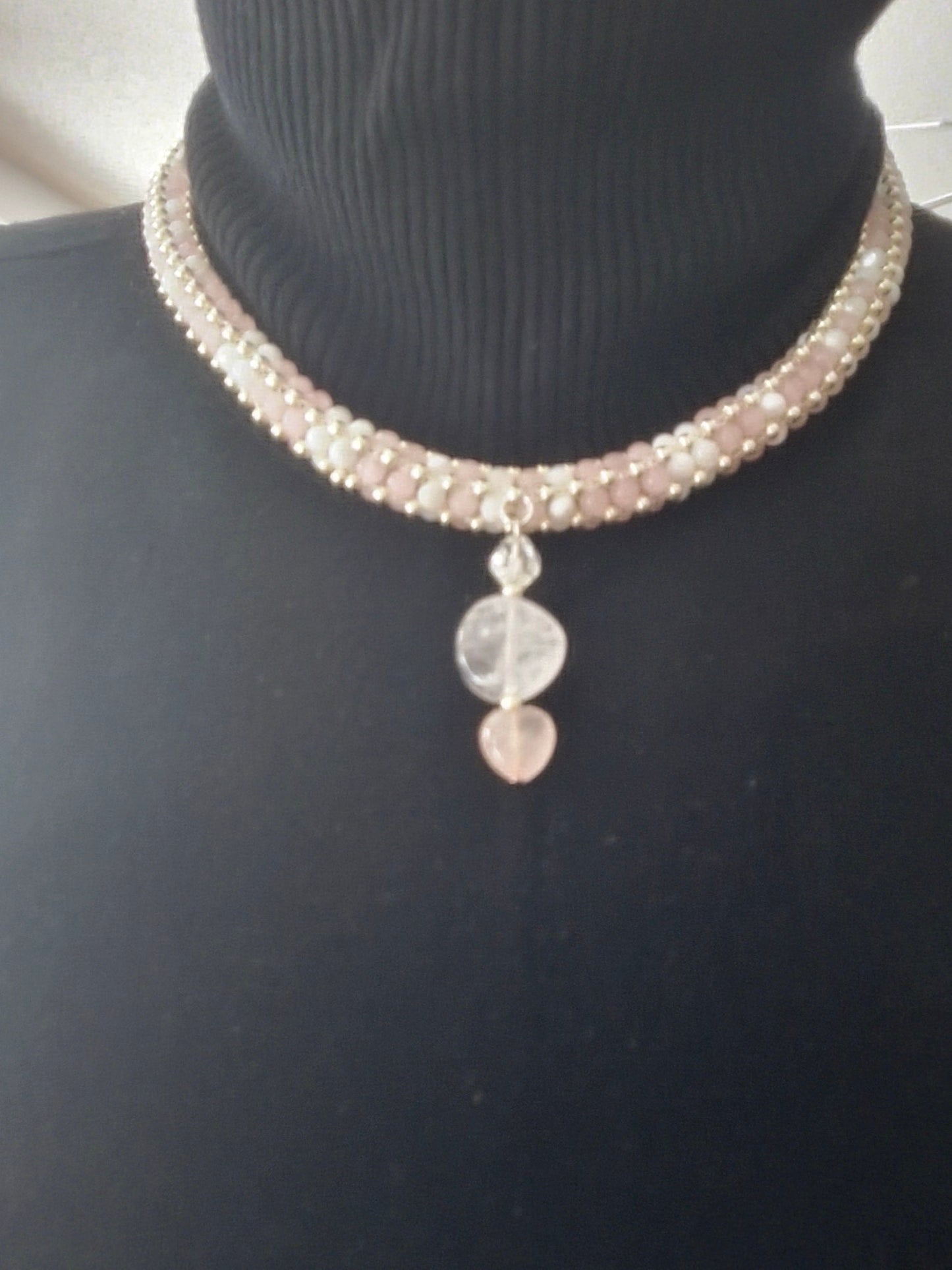 3 piece rose quartz pink and white jewelry set includes necklace, bangle bracelet and earings| pink and white|